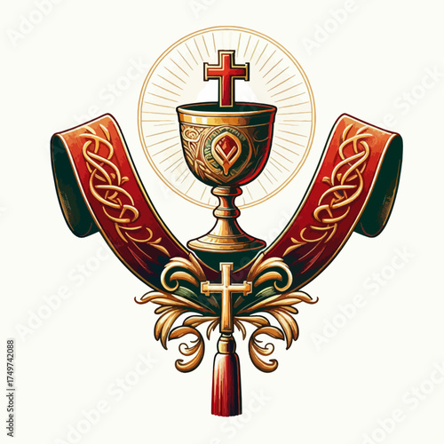 Ornate golden chalice with a cross and red ribbon, a religious symbol of communion.