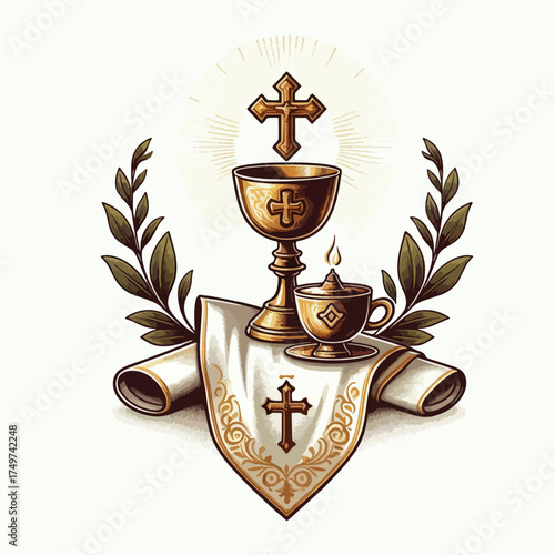 Golden chalice, cross, and censer with stole and olive branches, symbolizing Christian sacraments and priesthood against a radiant background.