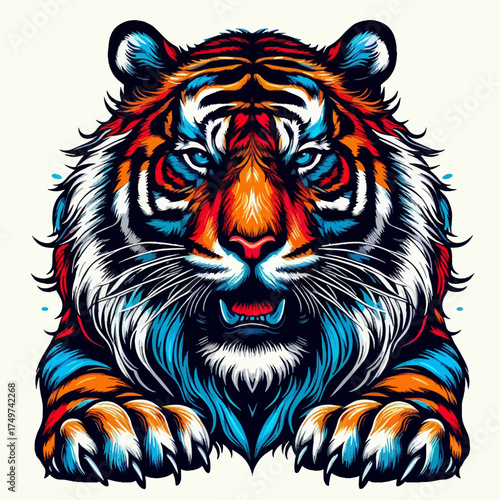 Vibrant illustration of a majestic adult tiger and a cute cub surrounded by whimsical Asian-inspired decorative elements and nature motifs.