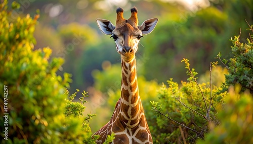 A captivating portrait of a giraffe, framed by lush green foliage, illuminated by soft sunlight, gazing directly at the viewer