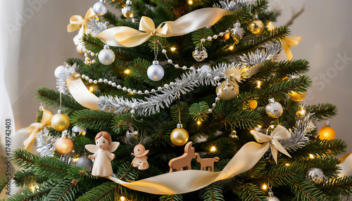 A cozy Christmas arrangement with a tree decorated with snow and shiny balls. An ideal, warm atmosphere of winter holidays in the house has been created.