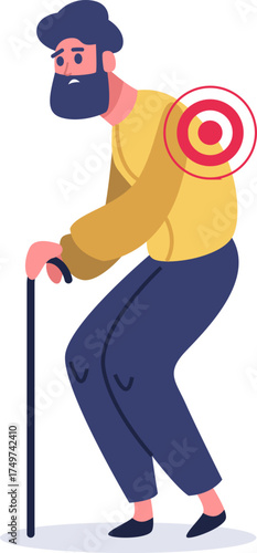 Elderly man feeling back pain using walking stick
