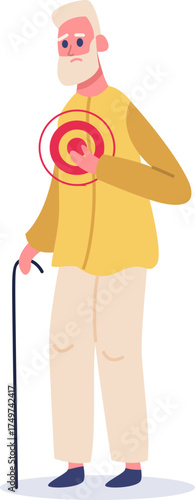Elderly man feeling chest pain holding heart area