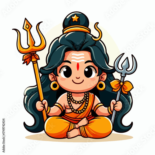 A cute, cartoonish depiction of Lord Shiva, a prominent Hindu deity, sitting cross-legged and holding his traditional trident.