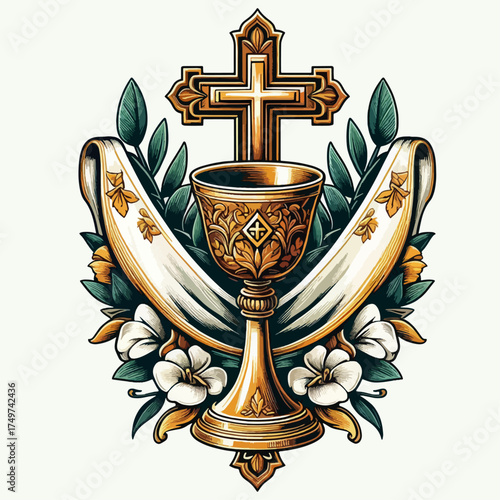 Ornate golden chalice and cross with a white banner, leaves, and flowers.