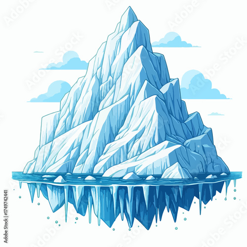 A majestic, towering iceberg with sharp, angular peaks, reflecting in the calm, icy water below.