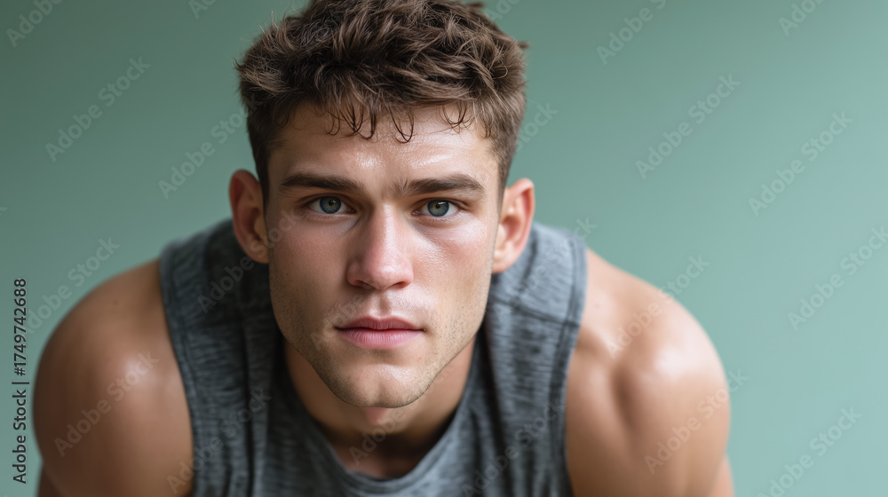 Fototapeta premium Focused young male athlete with short brown hair and blue eyes wearing sleeveless gray shirt, intense expression, studio portrait with soft green background