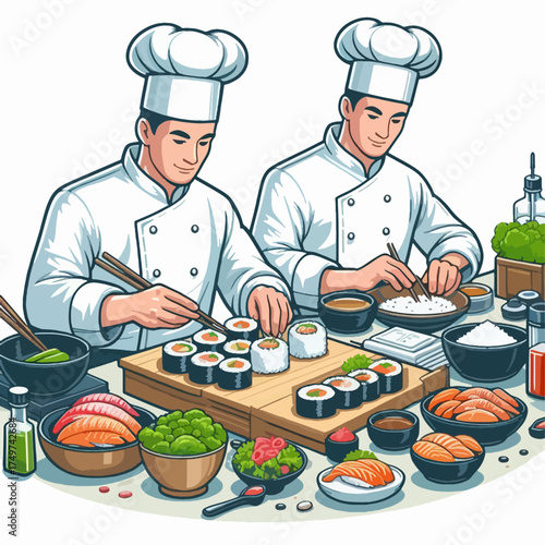 Two skilled chefs meticulously prepare a variety of fresh sushi rolls and sashimi at a clean wooden counter, surrounded by fresh ingredients and traditional tools.