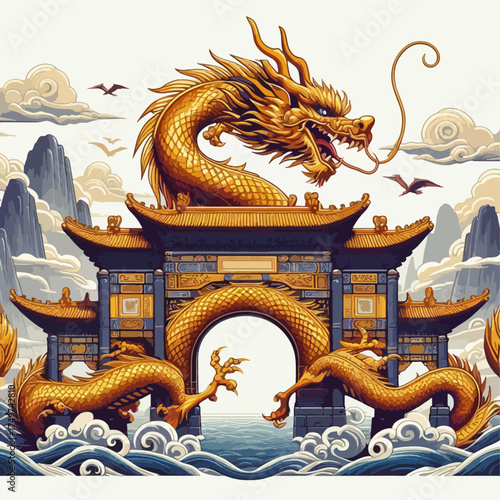 Golden Chinese Dragon atop a Traditional Gate.