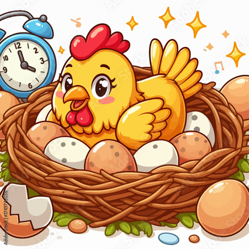 A cute cartoon chicken is sitting in a nest full of eggs, with an alarm clock nearby.