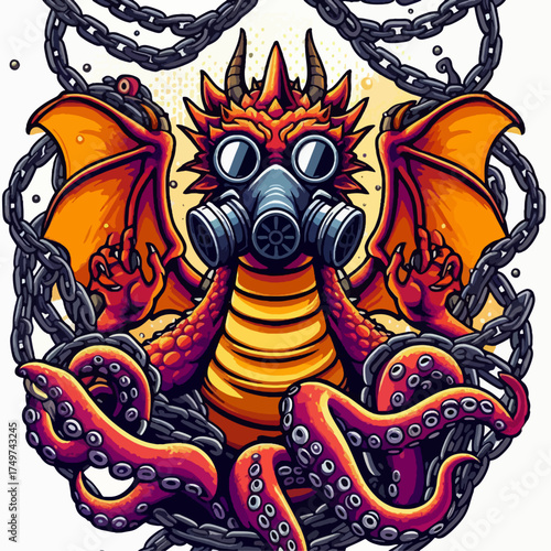 A fearsome red dragon with orange wings, wearing a gas mask and surrounded by chains and tentacles.