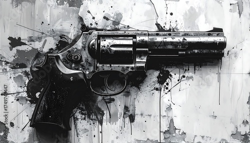 A close-up monochrome artwork depicts a revolver. The gun is central, splattered with dark ink against a light background