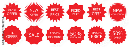 Set of Sale badges, quality tags and labels. Red starburst and circle sticker set. Special offer price ,fixed price , sale, discount , starburst, quality mark, retro silhouette. Vectors illustration.