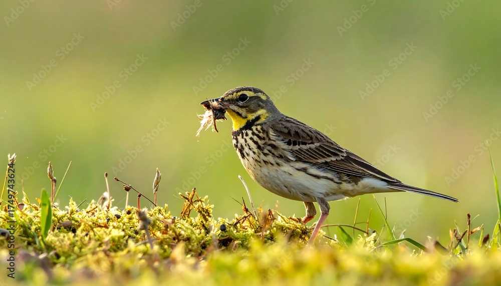 Fototapeta premium Small Bird with Prey in Grassy Area.