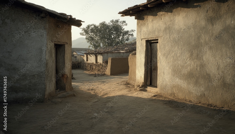 Obraz premium Village scene with old buildings and road.