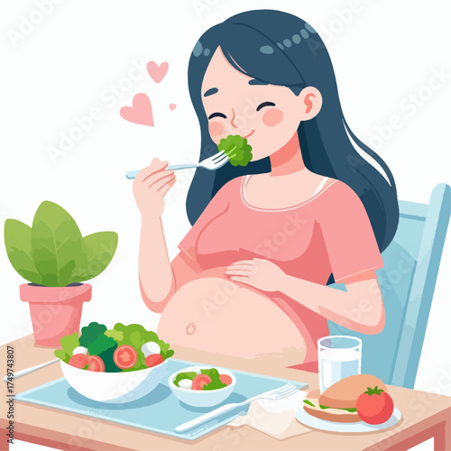 A happy pregnant woman enjoying a healthy meal of salad and water at a table, promoting good nutrition during pregnancy.