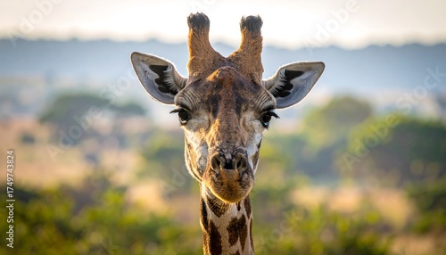 A captivating portrait of a giraffe gazing directly at the viewer, with the African savanna in the background under a soft, natural light