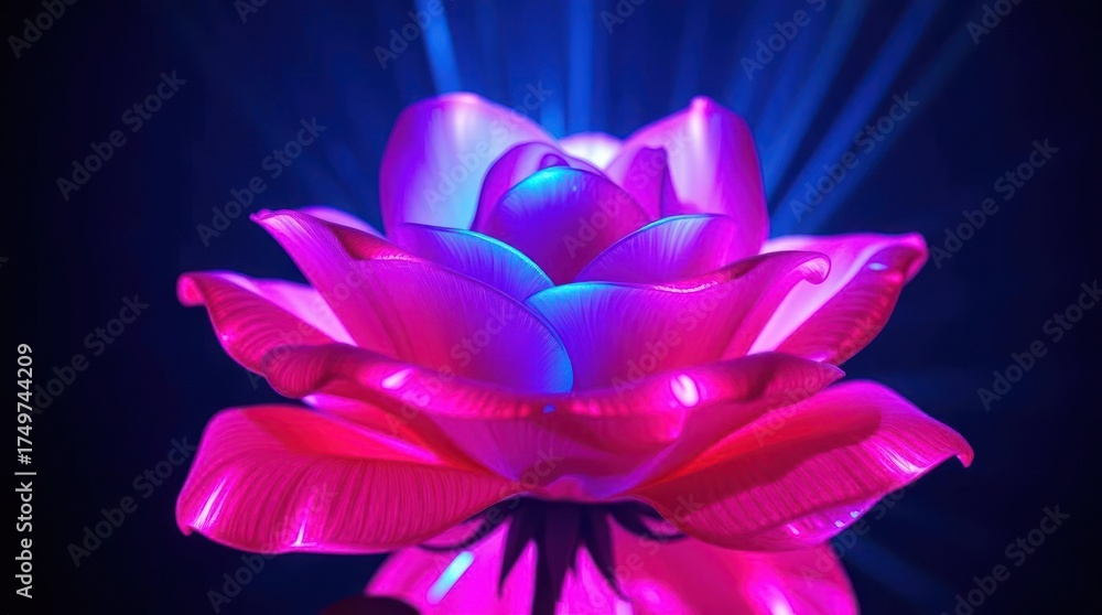 Naklejka premium Illuminated rose flower with vibrant pink and purple petals against a dark background, radiating blue light.