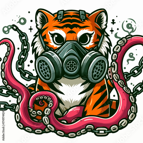 A stylized tiger wearing a gas mask, entangled with pink tentacles and chains, set against a white background with smoke elements.