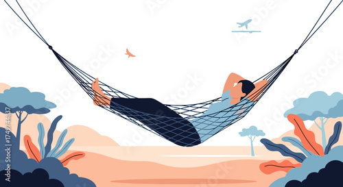 A person relaxing in a hammock amidst a scenic outdoor landscape on a clear day.