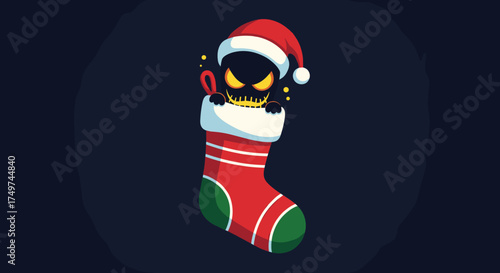 A spooky character in a festive christmas stocking with a candy cane.