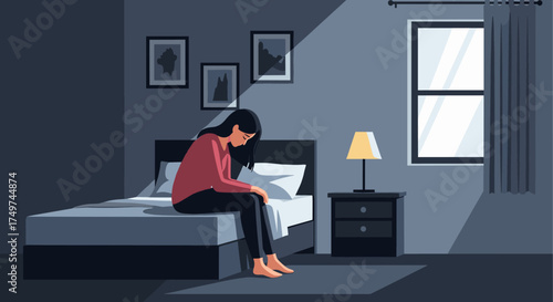 A young woman sits alone on her bed in a dimly lit room experiencing feelings of sadness and isolation.