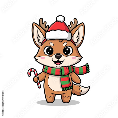 A cute cartoon fox wearing a Santa hat with reindeer antlers, a striped scarf, and holding a candy cane, celebrating Christmas.
