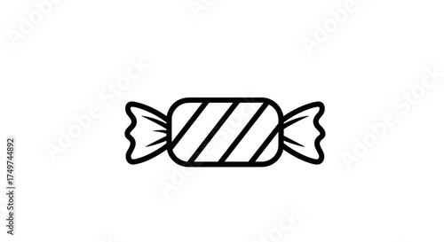 A simple line art illustration of a wrapped candy with diagonal stripes and twisted ends.