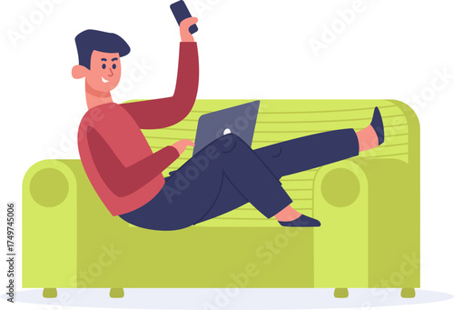 Man multitasking on sofa using laptop and phone