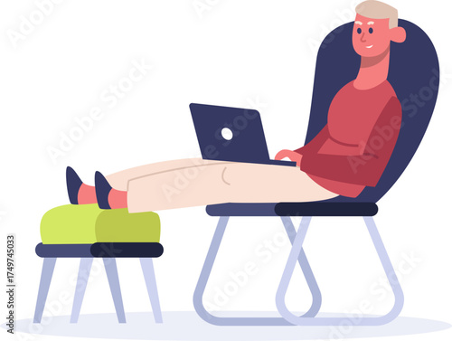 Man working remotely with laptop, relaxing from home