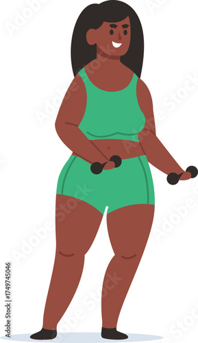 Plus size woman exercising with dumbbells concept
