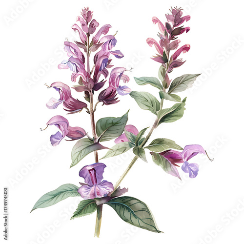 Watercolor Salvia Lilacina Flowers and Green Leaves on transparent background