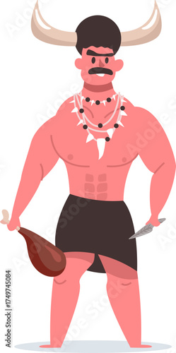 Muscular tribal man holding meat and ancient knife