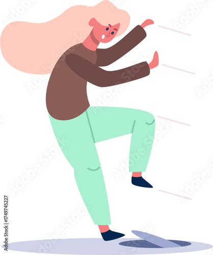 Woman climbing up ladder escaping open manhole