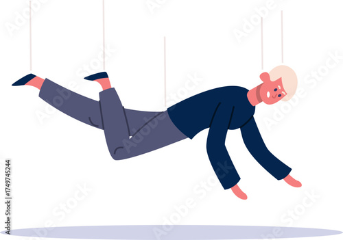 Puppet man feeling helpless with strings pulling him down