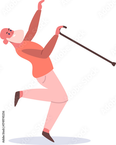 Elderly man with walking stick dancing happily
