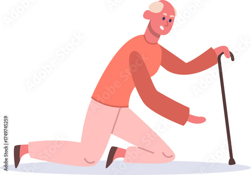 Elderly man falling, holding cane and needing help