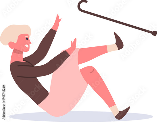 Elderly woman falling accident with walking cane