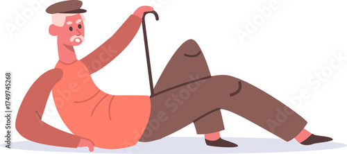Elderly man falling down, needing help with cane