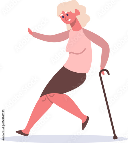 Elderly woman falling having accident with walking stick