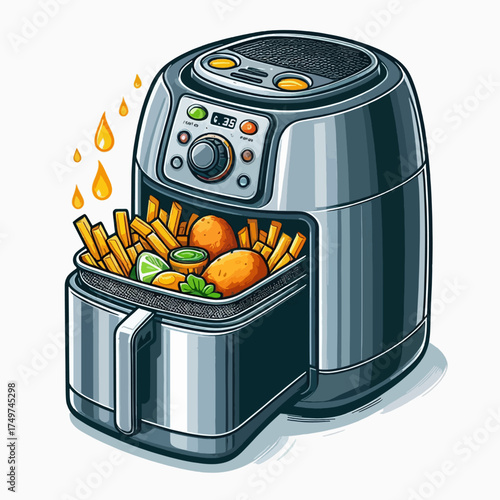 An illustration of a modern air fryer filled with crispy golden french fries and fried food, with oil drops above, suggesting cooking.