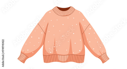 Cozy peach colored knit sweater with allover white polka dots and ribbed cuffs and neckline.