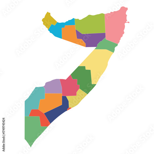 Somalia map regions. Map of Somalia regions in multicolor