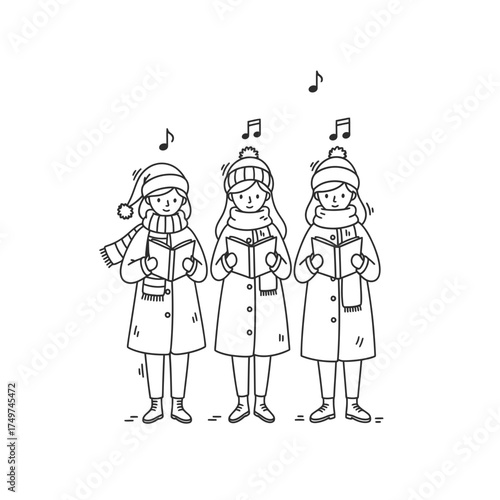 Three girls in winter coats and hats singing Christmas carols from books.