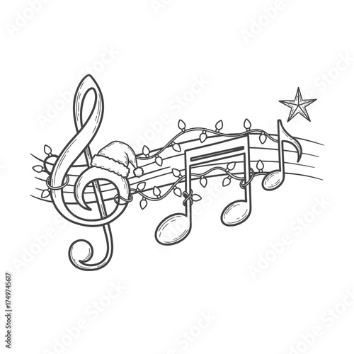 Festive musical notes and treble clef decorated with Christmas lights and a Santa hat, celebrating the holiday season with music.