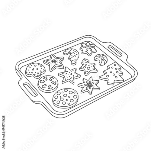 Illustration of a baking sheet filled with various Christmas cookies.