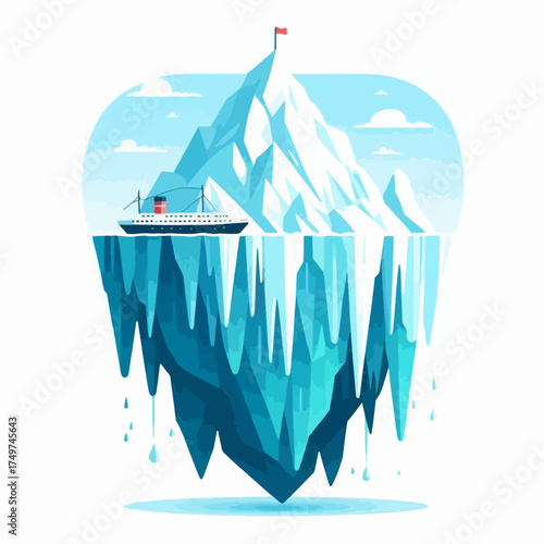 Illustration of an iceberg with a ship sailing nearby and a flag on top.