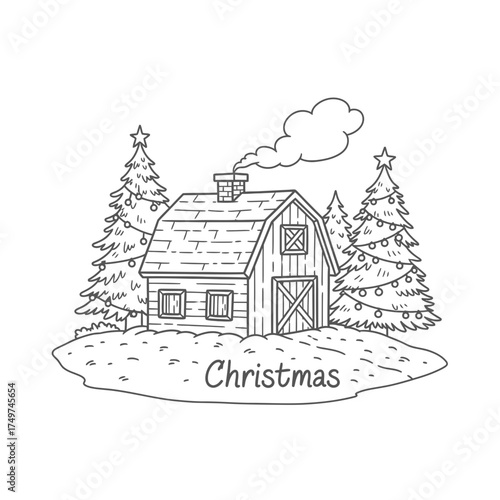 A charming black and white illustration depicts a cozy barn scene with Christmas trees, evoking festive holiday cheer and winter warmth.