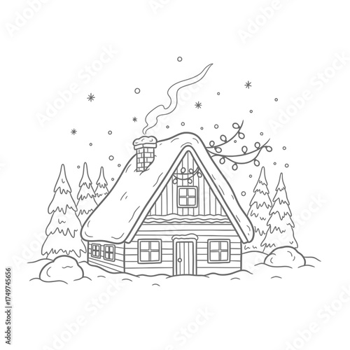 Winter cabin scene with snow-covered roof and smoke from chimney.