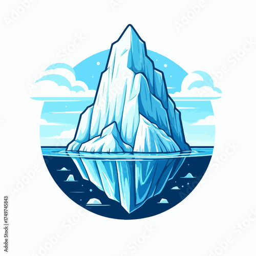 A striking illustration of a massive iceberg floating in the ocean, with its submerged portion clearly visible beneath the water's surface.